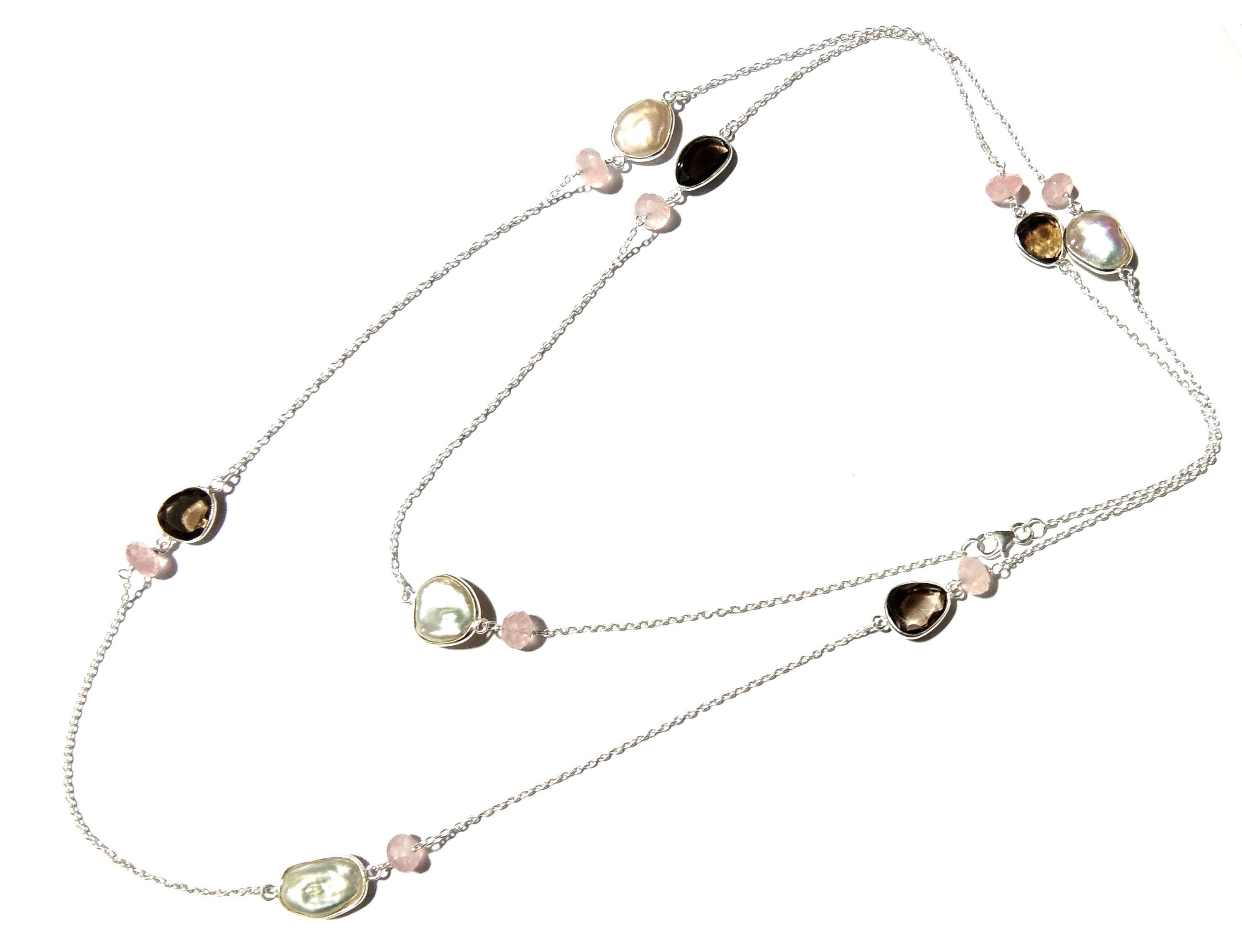 Very Beautiful Log Necklace ! Natural Gemstone Smoky Quartz, Rose Quartz & Pearl Log Beaded Necklace With 925 Starling Silver Length 40 inch